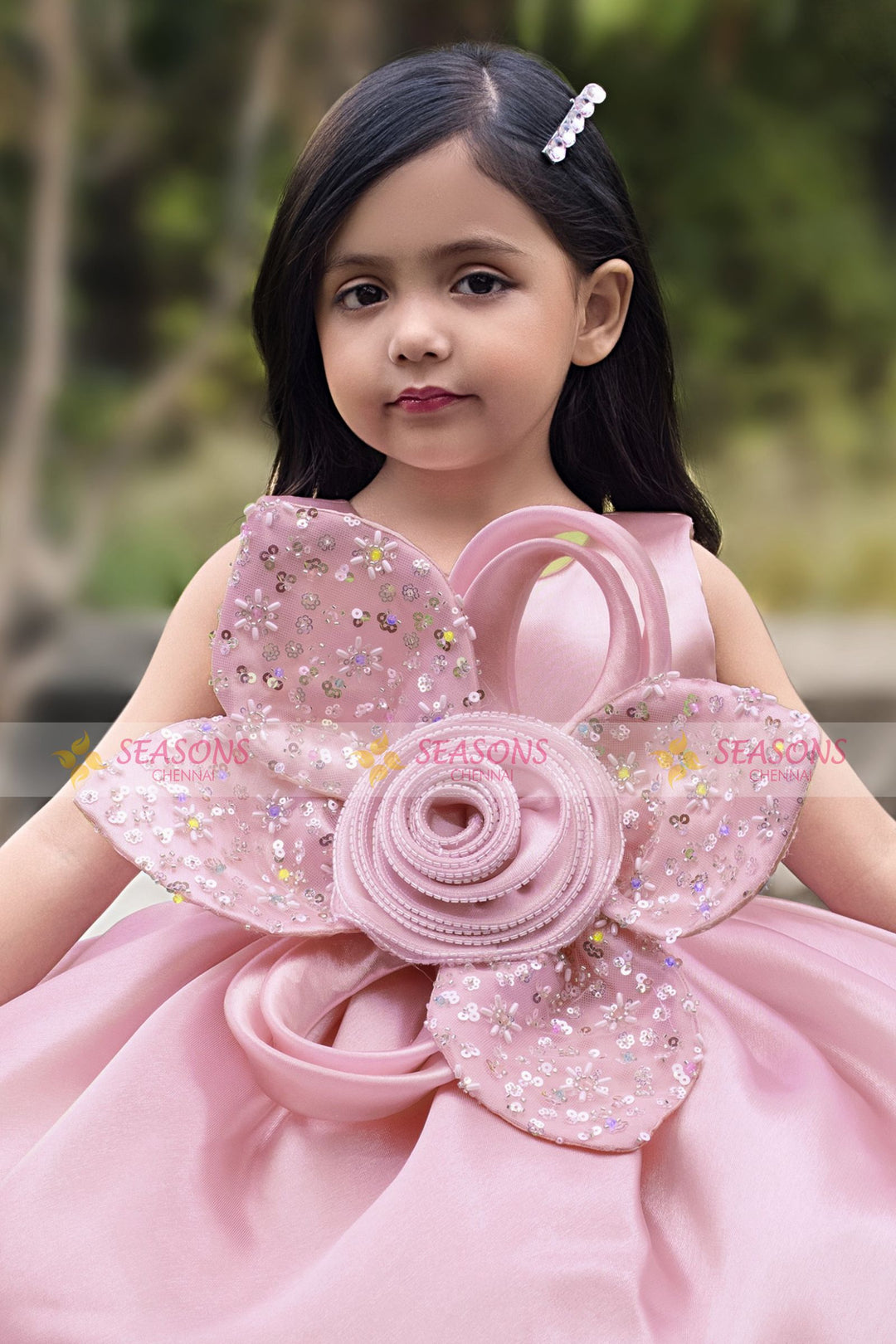 Peach Sequins and Beads work Short Partywear Frock for Girls