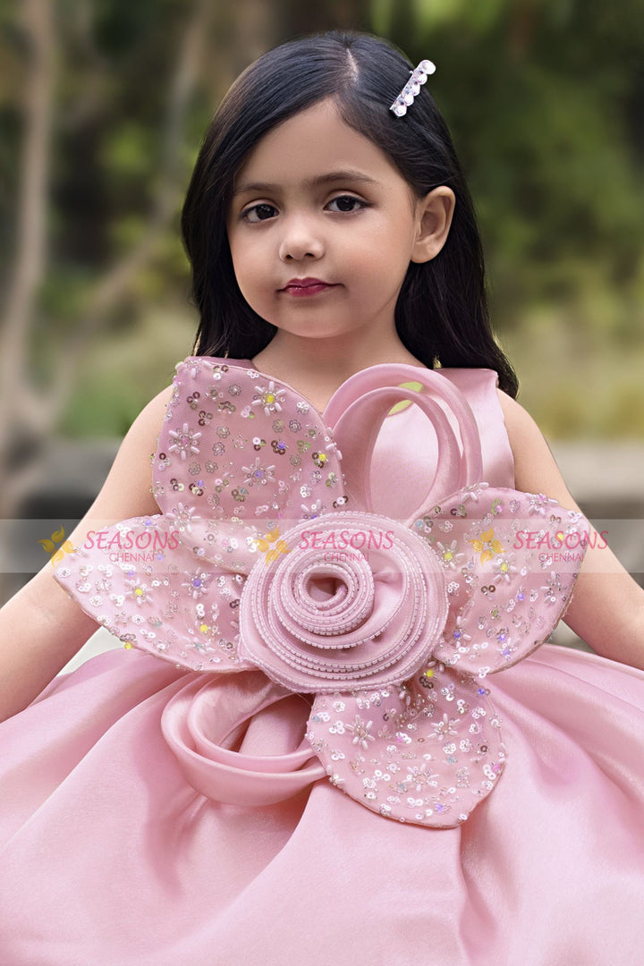 Peach Sequins and Beads work Short Partywear Frock for Girls