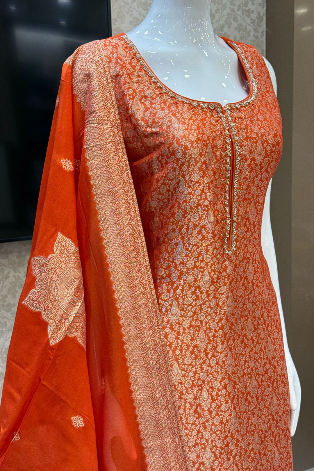 Orange Zardozi, Stone, Thread and Brocade work Straight Cut Salwar Suit