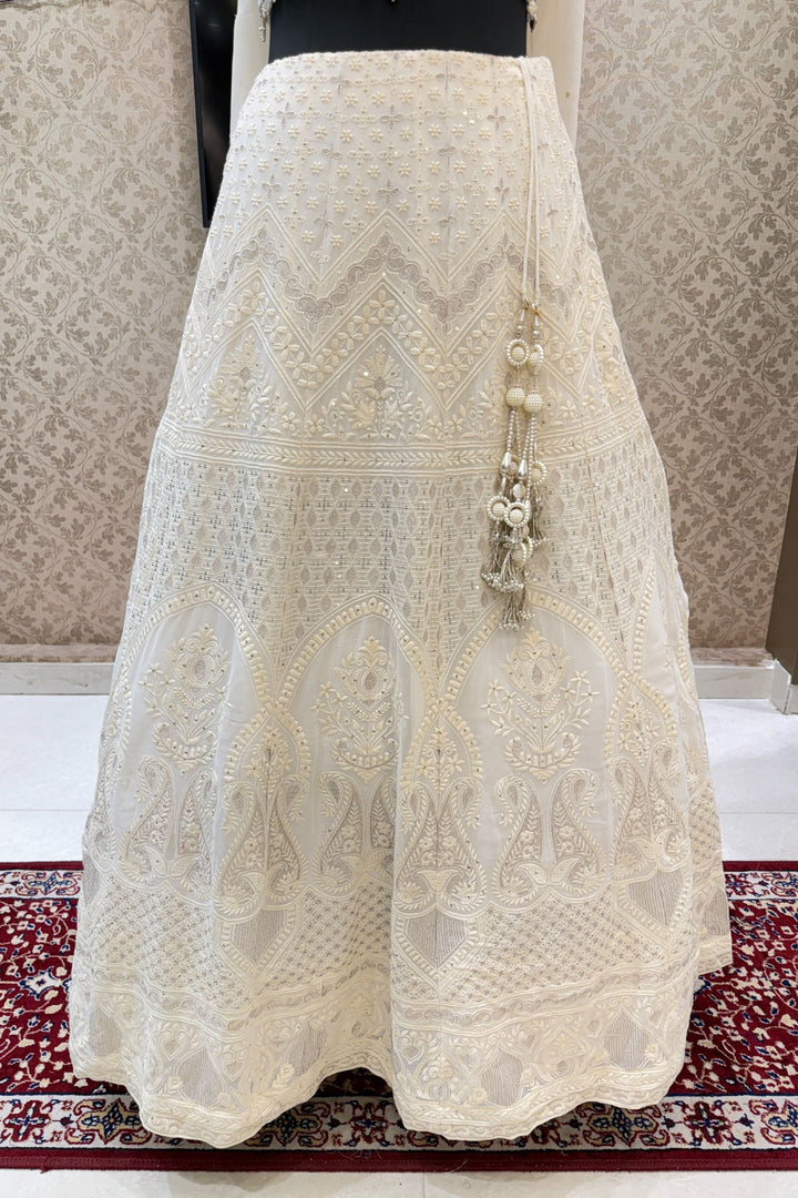 Cream Stone, Pearls, Zari, Sequins, Mirror, Beads and Embroidery work Crop Top Lehenga