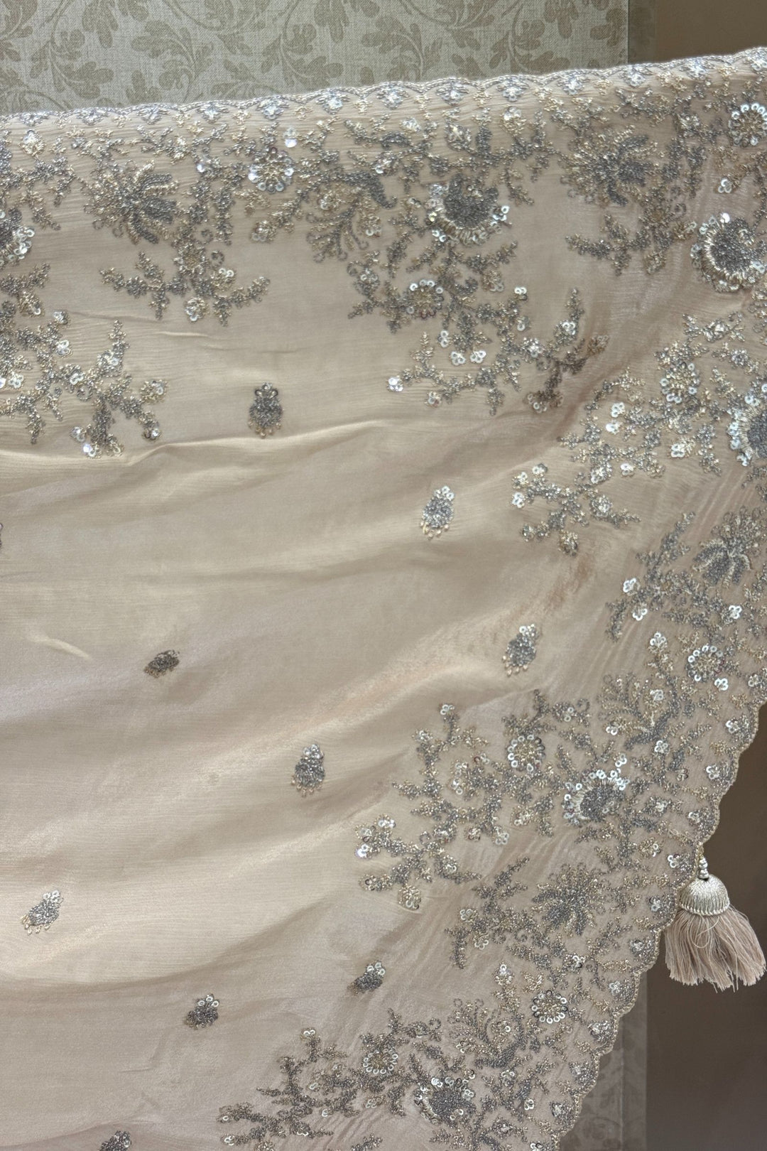 Beige Zari and Sequins work Saree