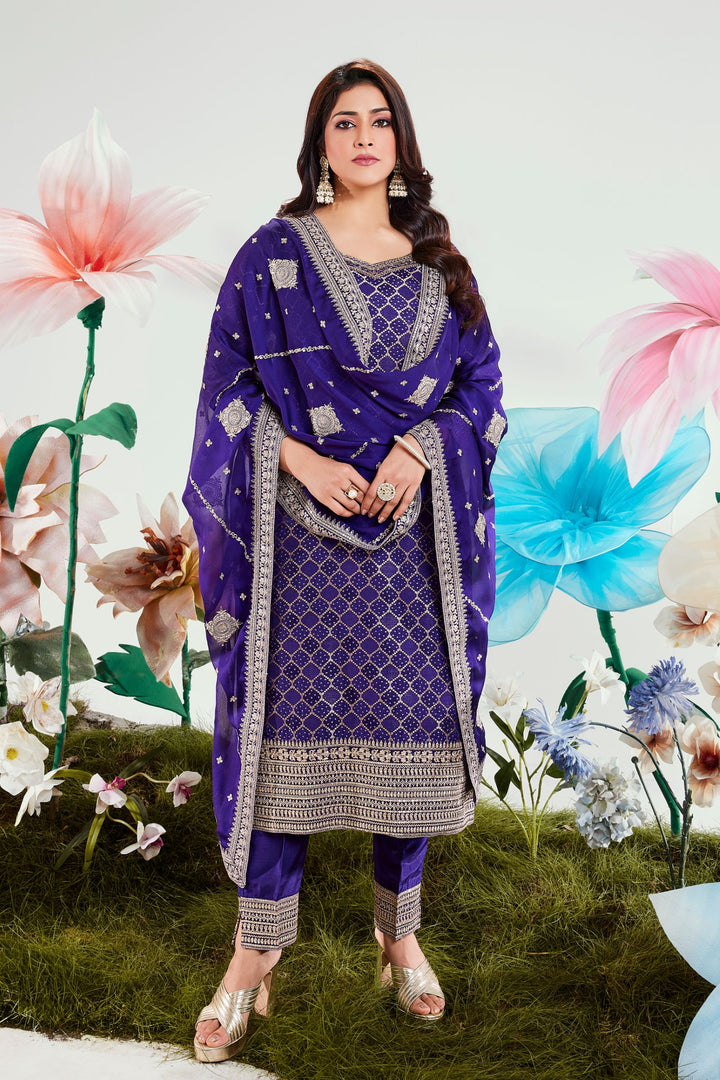 Purple Banaras, Zardozi, Mirror, Beads and Zari work Straight Cut Salwar Suit