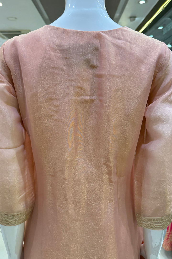 Peach Beads, Mirror, Sequins, Jacquard and Stone work Straight Cut Salwar Suit