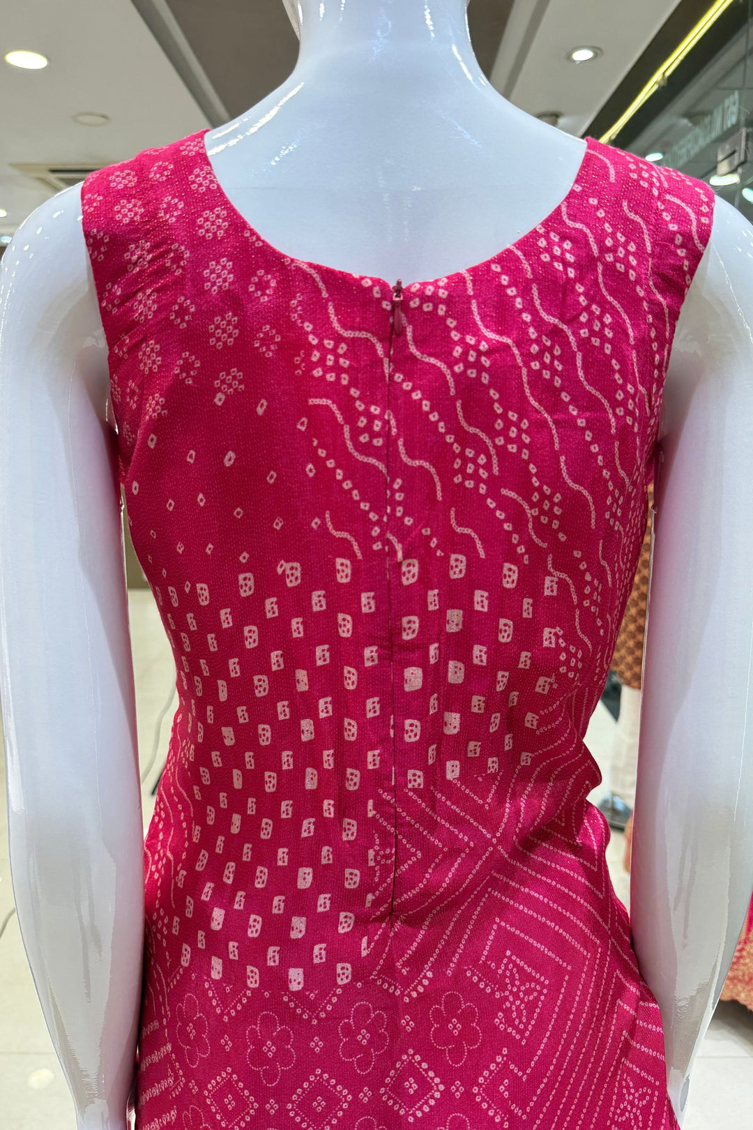 Rani Pink Banaras and Zari Weaving work with Bandini Print Straight Cut Salwar Suit