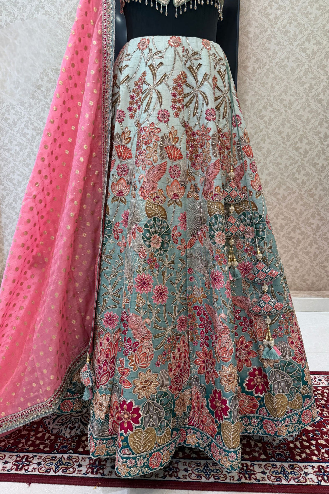 Sea Green Zardozi, Sequins, Beads, Thread and Zari work with Halter Neck Lehenga