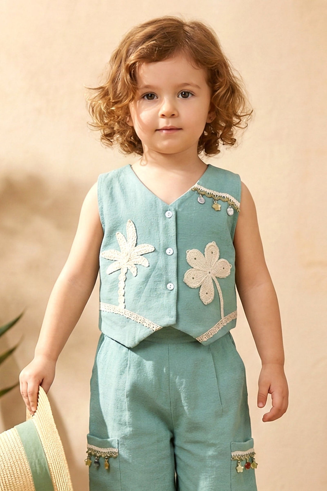 Sea Green with Lace work Top and Palazzo Set for Girls