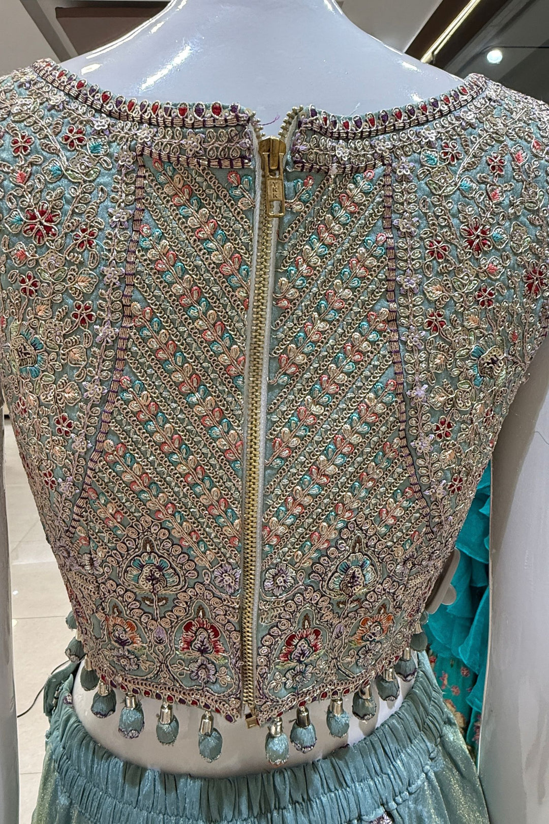 Sea Green Zari, Sequins and Multicolor Thread work Palazzo Suit Set