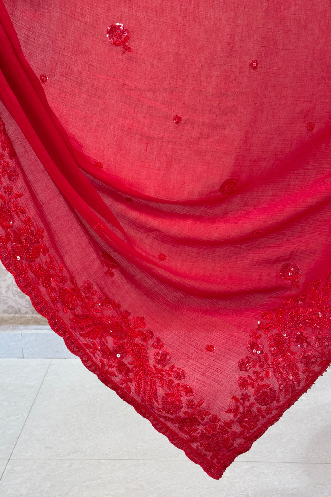 Red Beads, Thread and Sequins work Saree
