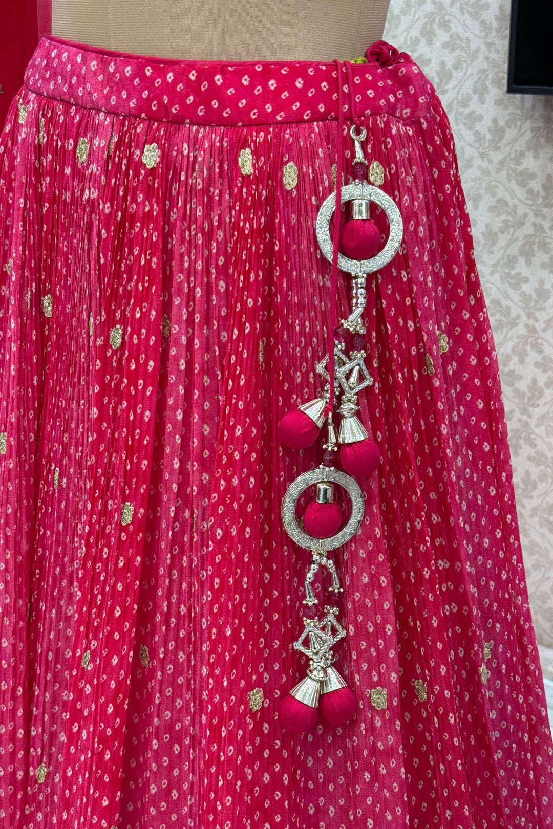 Rani Pink Mirror, Stone, Zardozi and Sequins work with Bandini Print Crop Top Lehenga