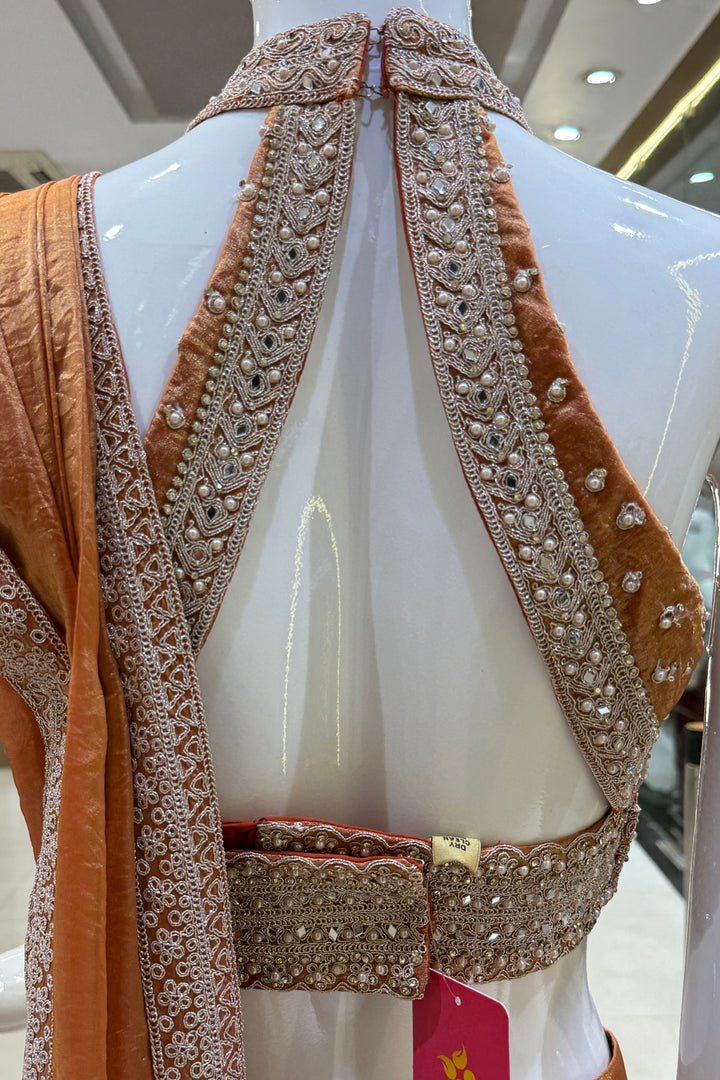 Orange Readymade Saree with Pearl, Zari Thread, Mirror and Stone work Readymade Blouse