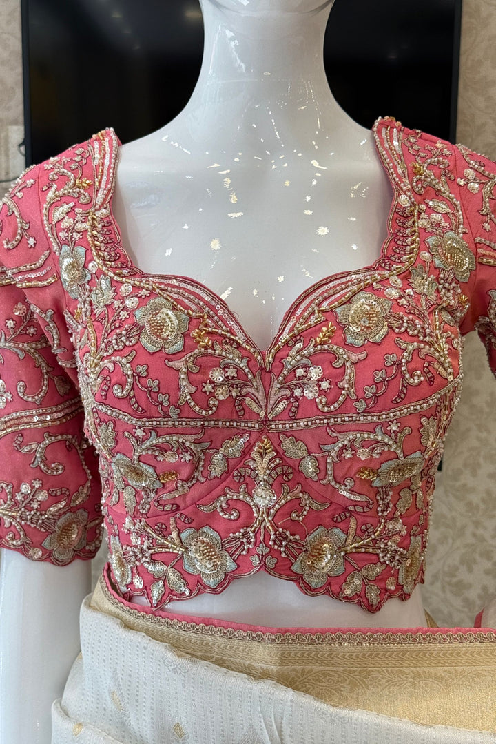 Silver Zari work Saree with Pearl, Zardozi, Beads and Sequins work Readymade Blouse