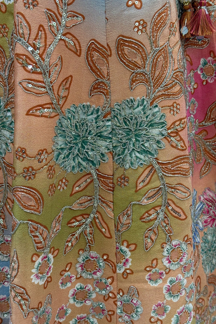 Peach Mirror, Beads, Zari and Sequins work with Floral Print Crop Top Lehenga