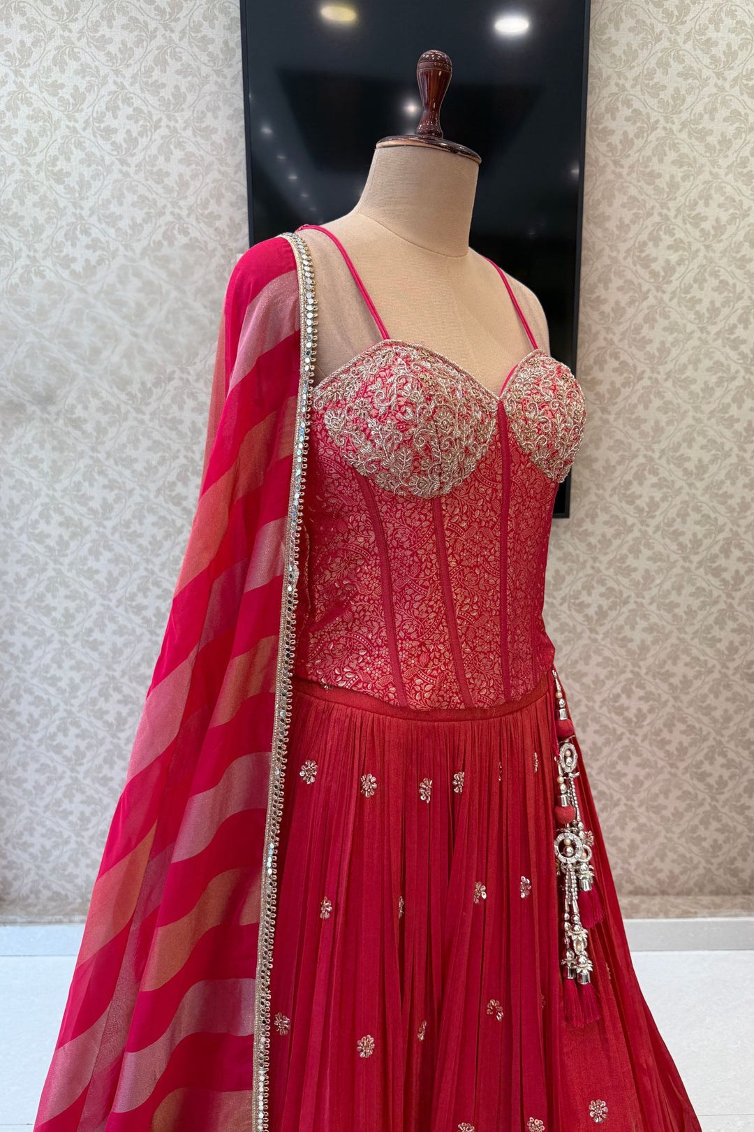 Rani Pink Brocade, Beads, Zardozi and Sequins work Corset Top with Lehenga