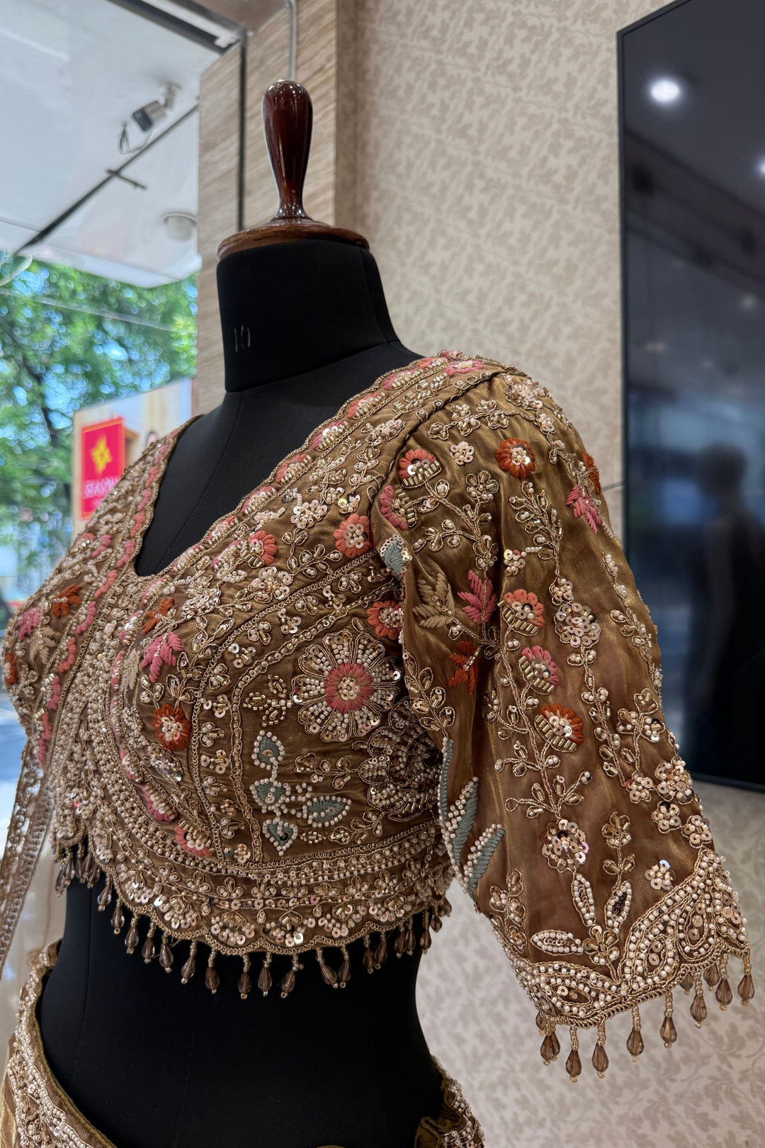 Bridal Organza Lehenga with Hand-Embroidered Birds and Floral Forest Motifs