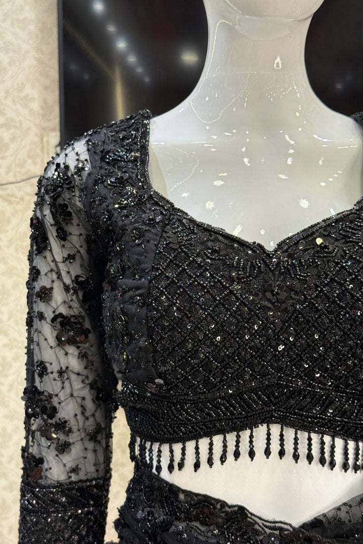 Black Beads and Sequins work Saree with Designer Blouse