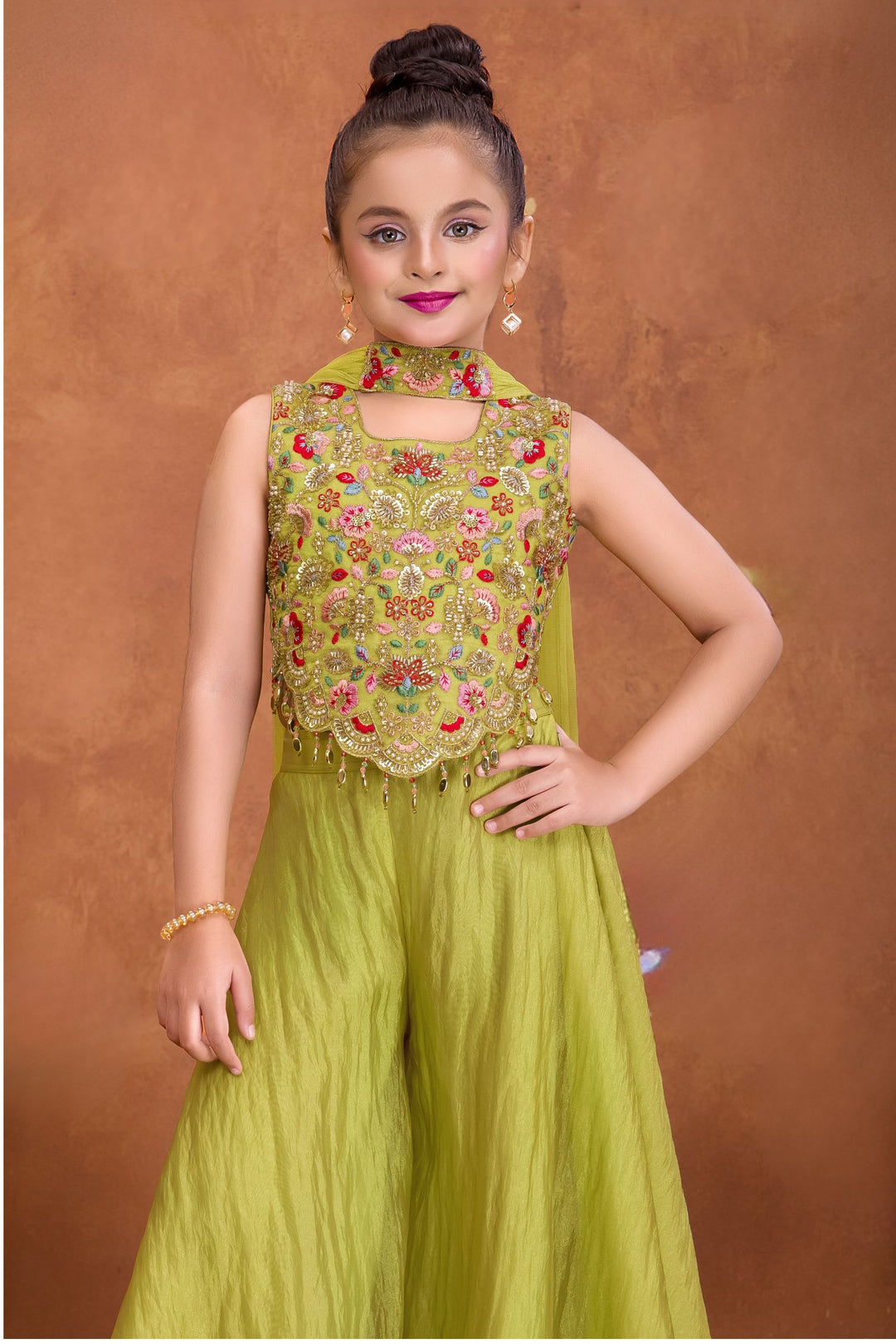 Liril Green Multicolor Embroidery, Beads, Sequins and Zari work Palazzo Suit Set for Girls