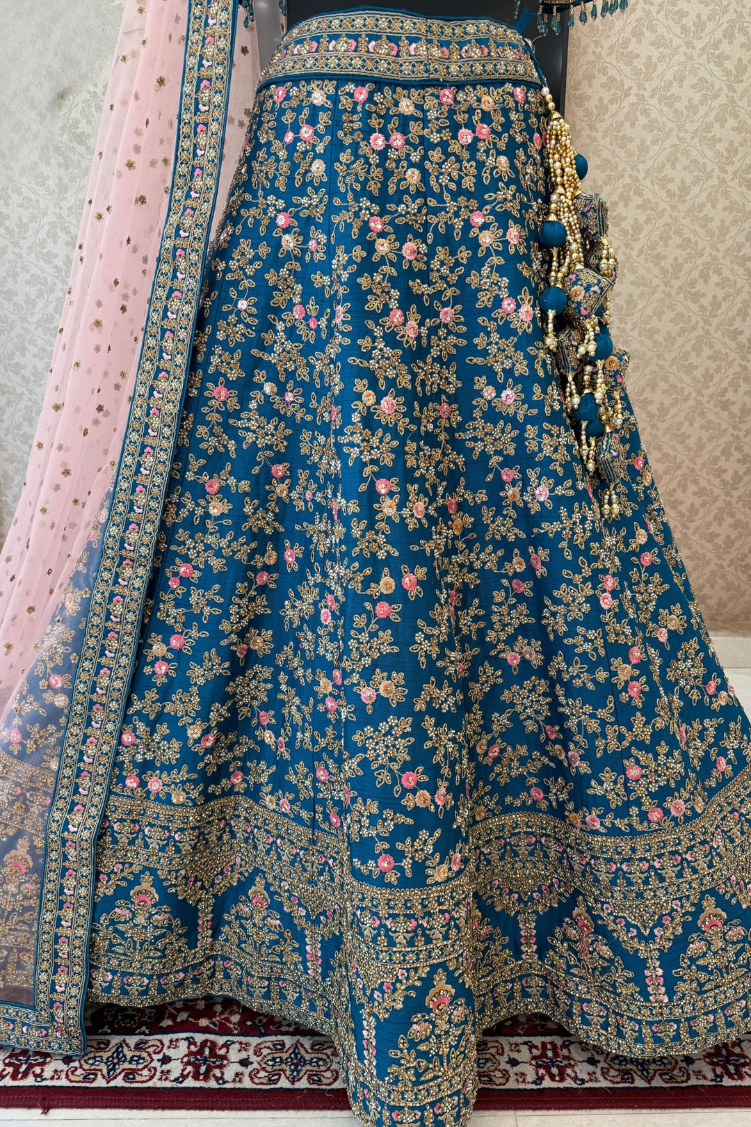 Rama Blue Bridal Lehenga with Pink Dupatta and Stone, Pearl and Zari work work