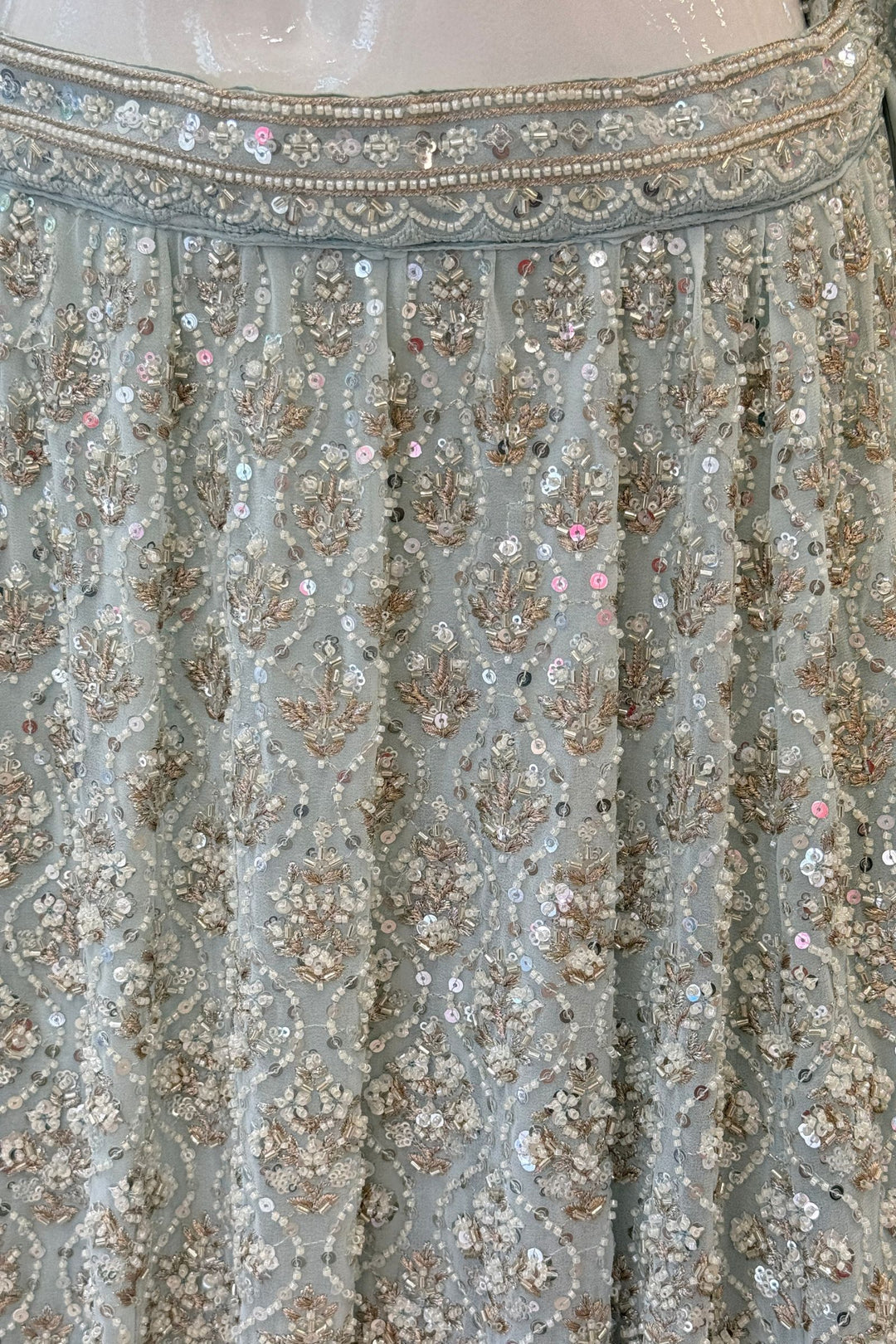 Aqua Blue Beads, Sequins and Zari work Crop Top Designer Bridal Lehenga