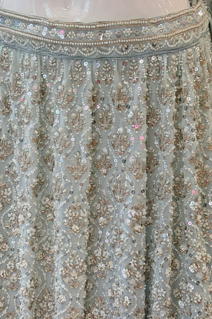 Aqua Blue Beads, Sequins and Zari work Crop Top Designer Bridal Lehenga