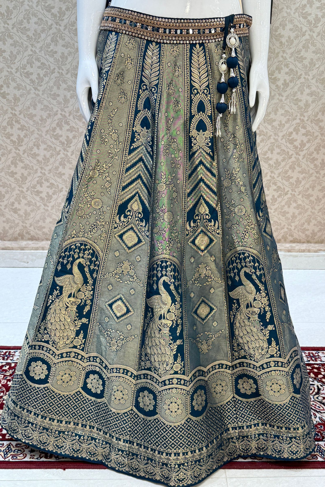 Peacock Blue Mirror, Beads, Zari, Sequins and Banaras work Crop Top Bridal Lehenga
