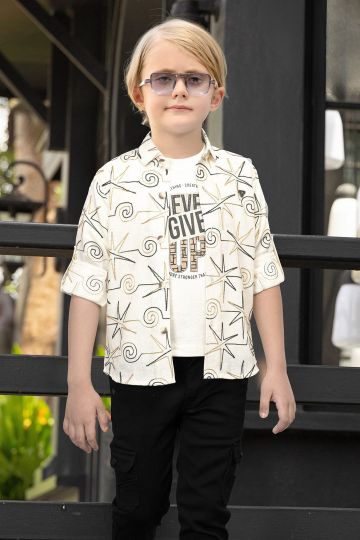 Cream Blazer, Printed T-Shirt and Black Pant Set for Boys