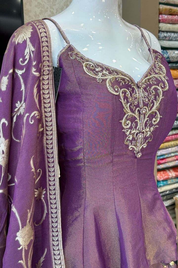 Purple Zardozi, Stone, Beads and Sequins work Palazzo Set with Peplum Top