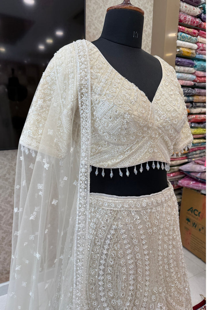 Cream Beads, Pearls and Sequins work Crop Top Designer Bridal Lehenga