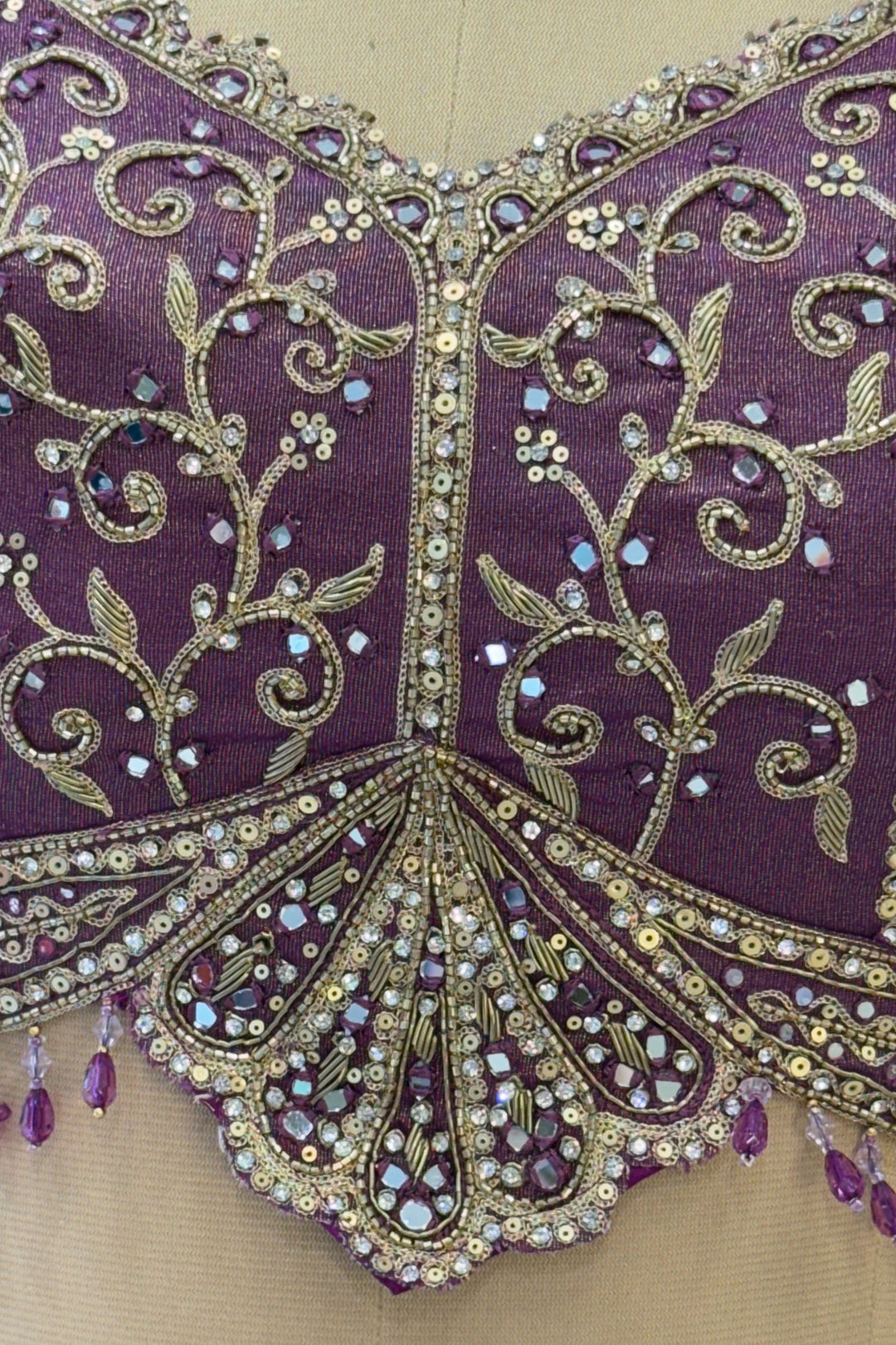 Purple Mirror, Stone, Beads, Zardozi, Zari, Sequins and Banaras work Crop Top Lehenga