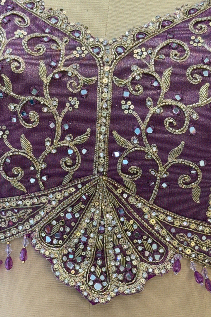 Purple Mirror, Stone, Beads, Zardozi, Zari, Sequins and Banaras work Crop Top Lehenga