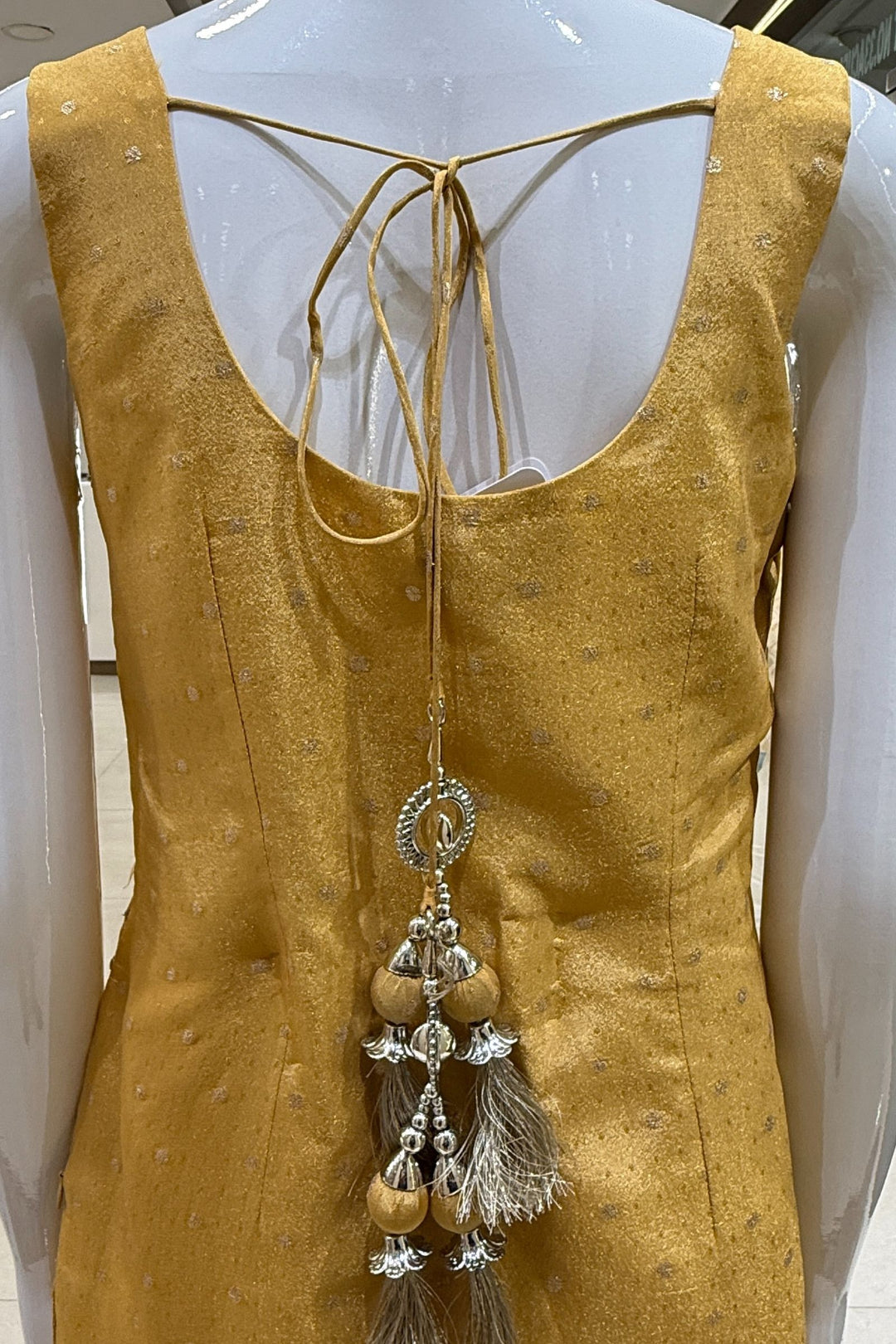 Golden Yellow with Grey Mirror, Sequins, Zari, beads and Banaras work Palazzo Salwar Suit