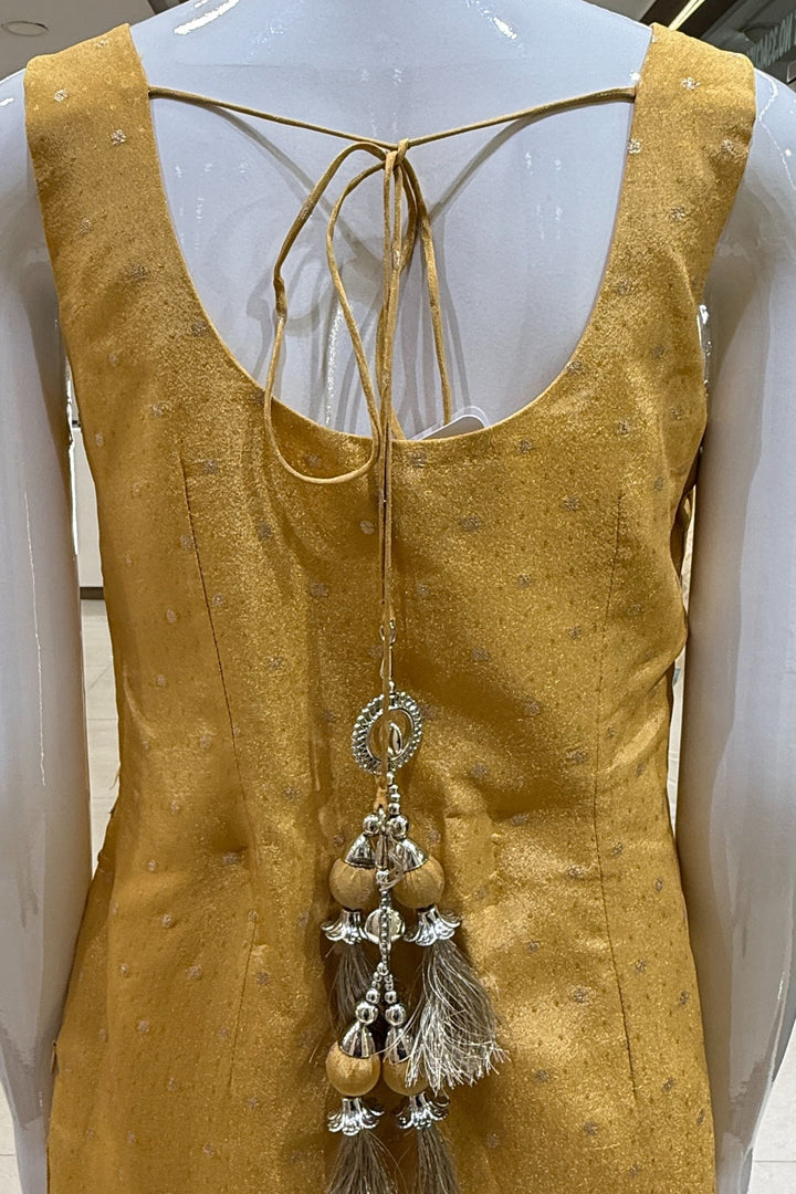 Golden Yellow with Grey Mirror, Sequins, Zari, beads and Banaras work Palazzo Salwar Suit