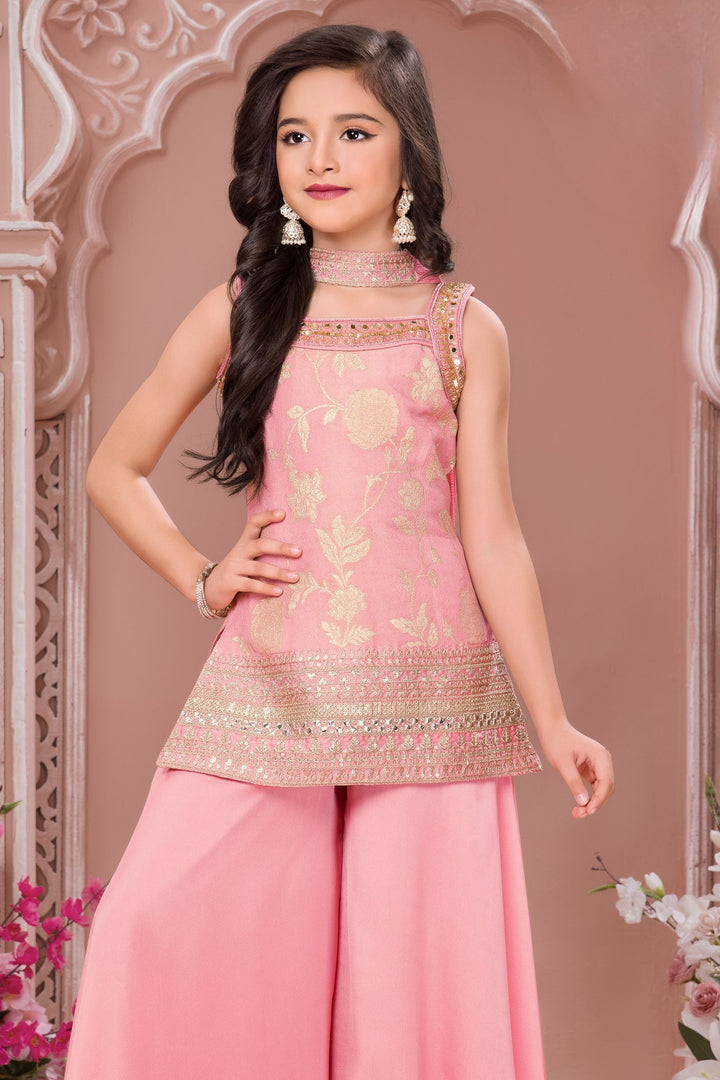Pink Zari, Sequins, Mirror, Zardozi, Beads and Stone work Palazzo Suit Set for Girls