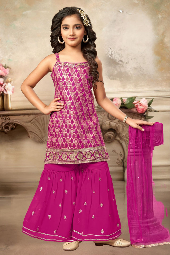 Pink Zari, Sequins, Mirror and Beads work Sharara Suit Set for Girls