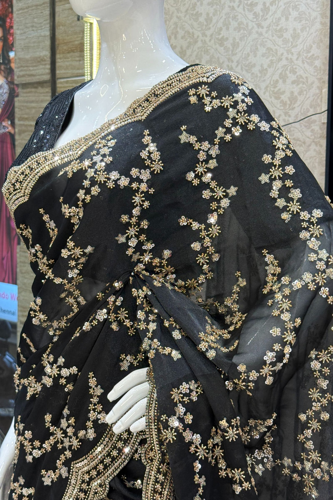 Black Beads, Zari and Sequins work Saree
