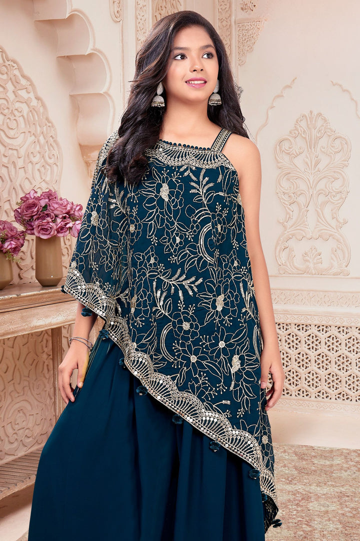 Teal Blue Sequins and Zari work Palazzo Suit Set for Girls