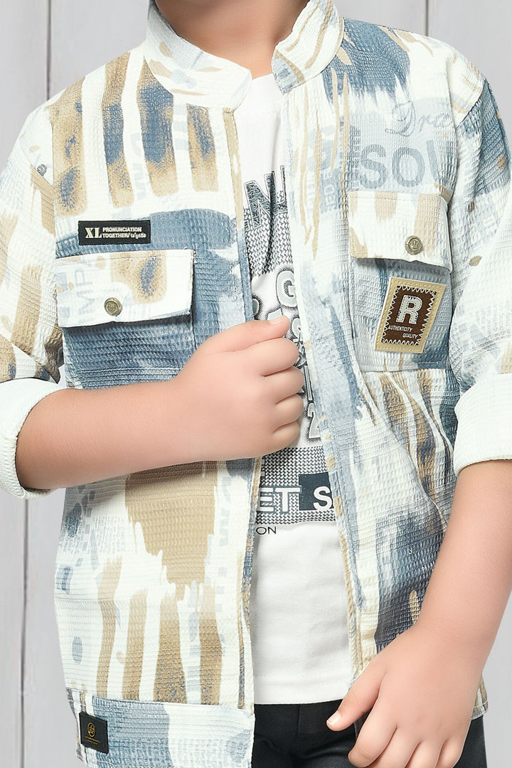 Cream and White Printed Blazer, T-Shirt and Dark Grey Cargo Pant Set for Boys