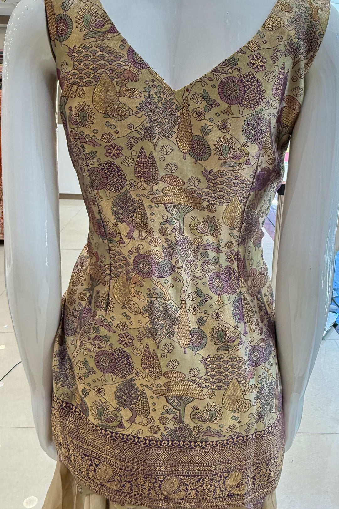 Beige with Purple Banaras work Palazzo Salwar Suit