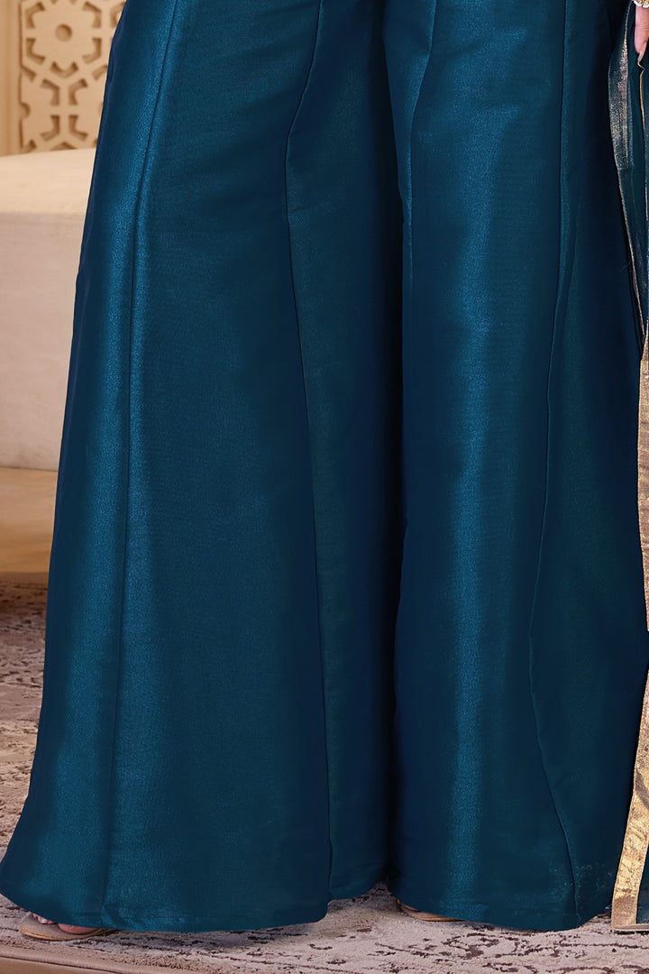 Teal Blue Multicolor Embroidery, Beads and Sequins work Palazzo Suit Set for Girls