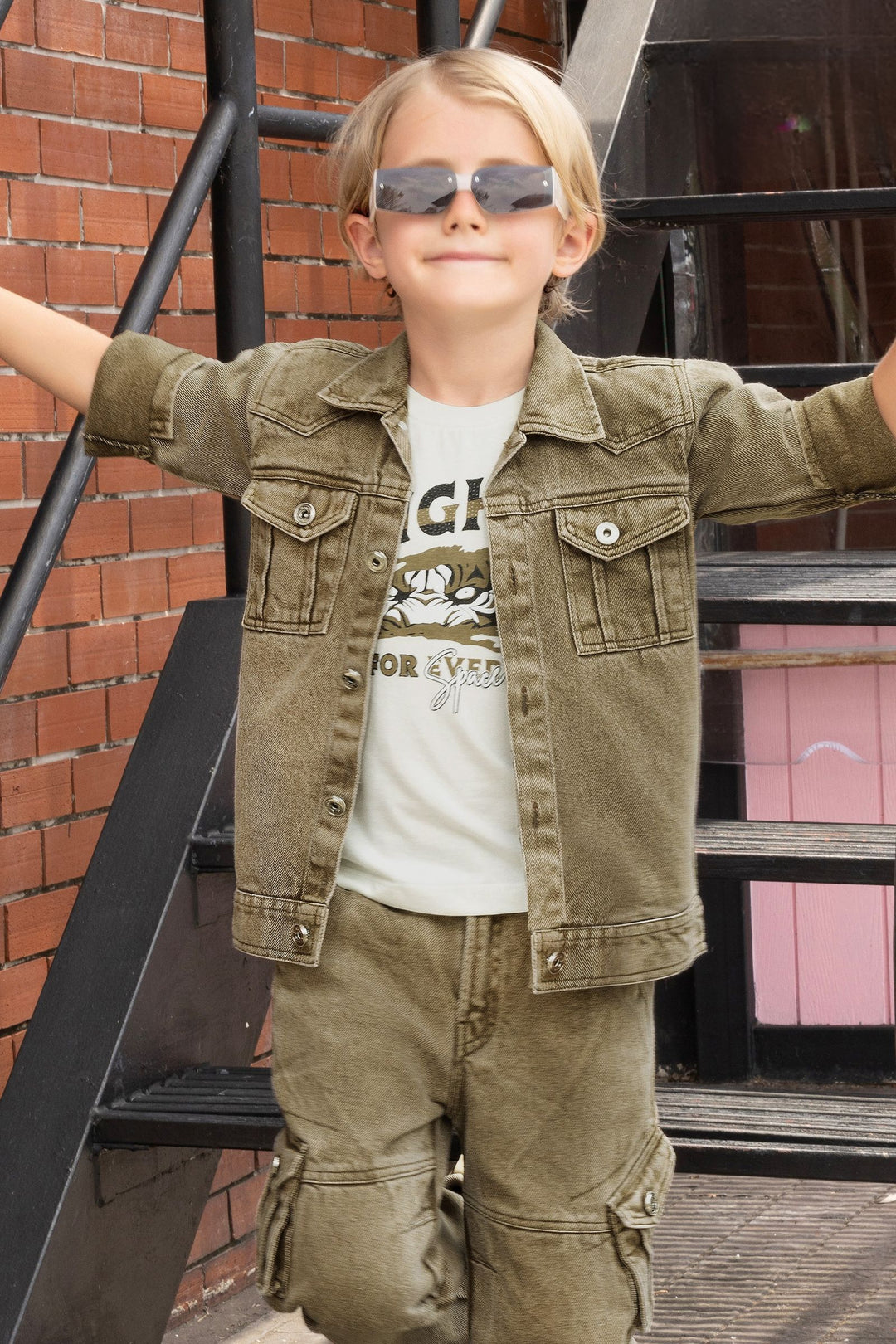 Brown Blazer with Cream Printed T-Shirt and Pant Set for Boys with Belt