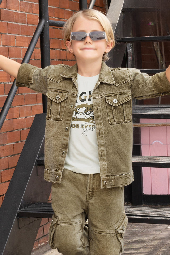 Brown Blazer with Cream Printed T-Shirt and Pant Set for Boys with Belt