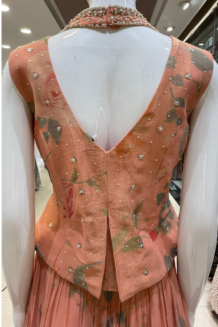 Peach Beads, Mirror and Zardozi work with Digital Print Peplum Style Lehenga