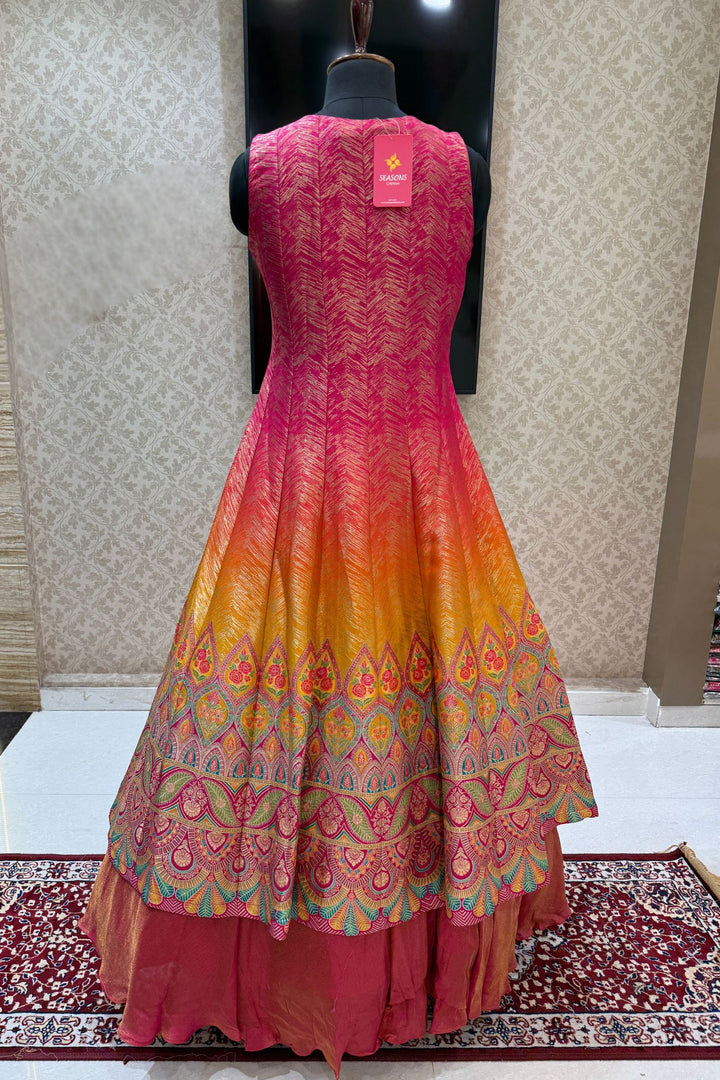 Pink with Mustard Banaras work Mastani Styled Long Top Lehenga