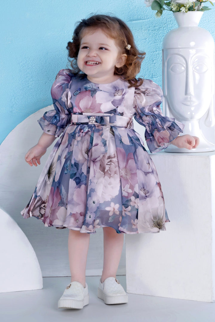 Light Blue with Floral Print Short Frock For Girls