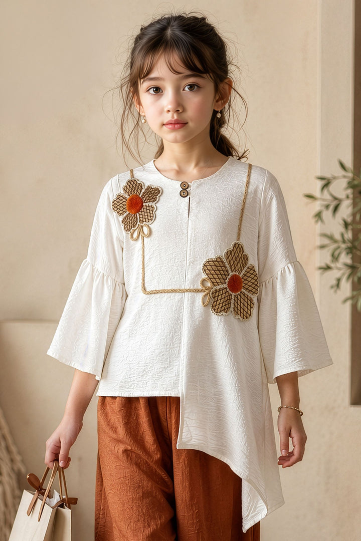 Cream with Rust Orange Top and Embroidery work Palazzo Set for Girls