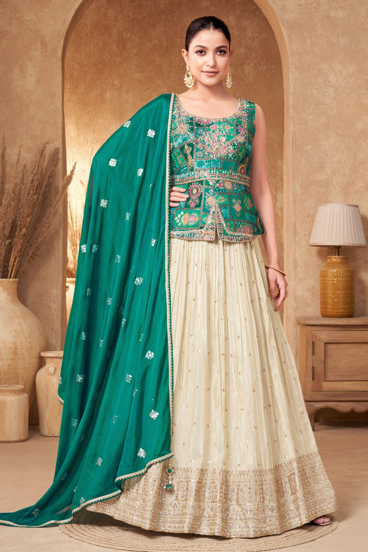Green with Cream Banaras, Beads, Sequins, Zari and Stone work Peplum Style Lehenga
