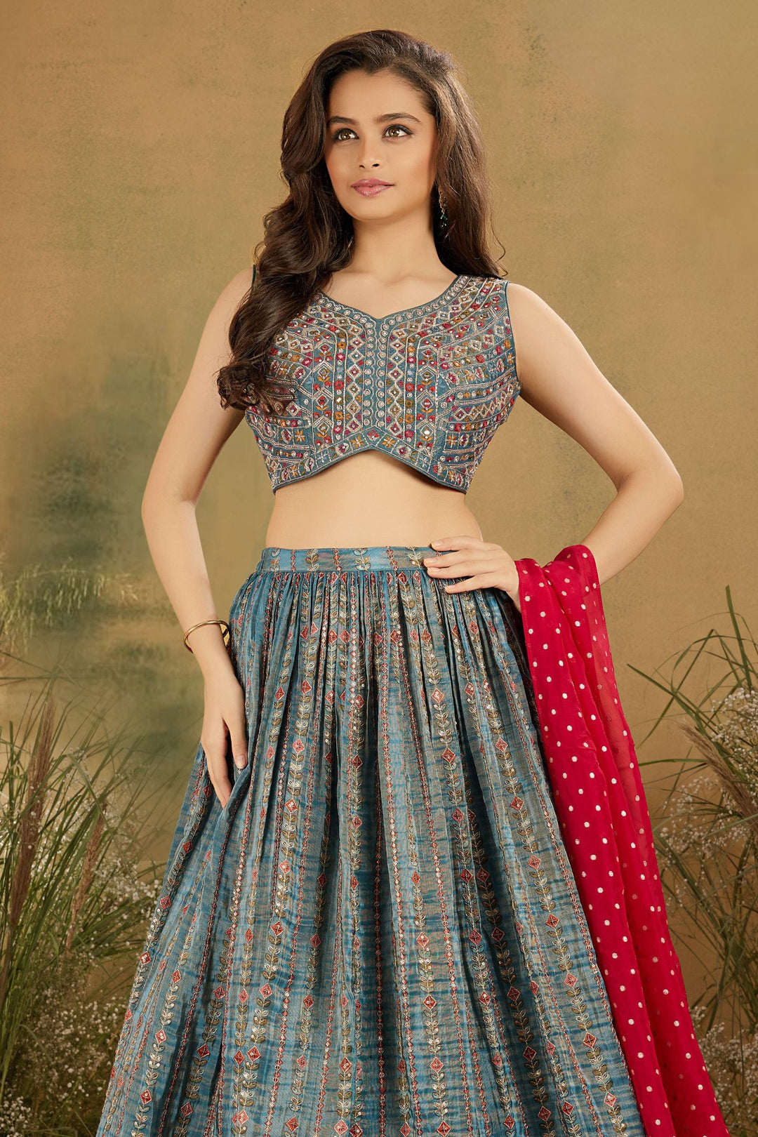 Green Mirror, Thread, Beads, Zari and Stone work Lehenga Choli for Girls