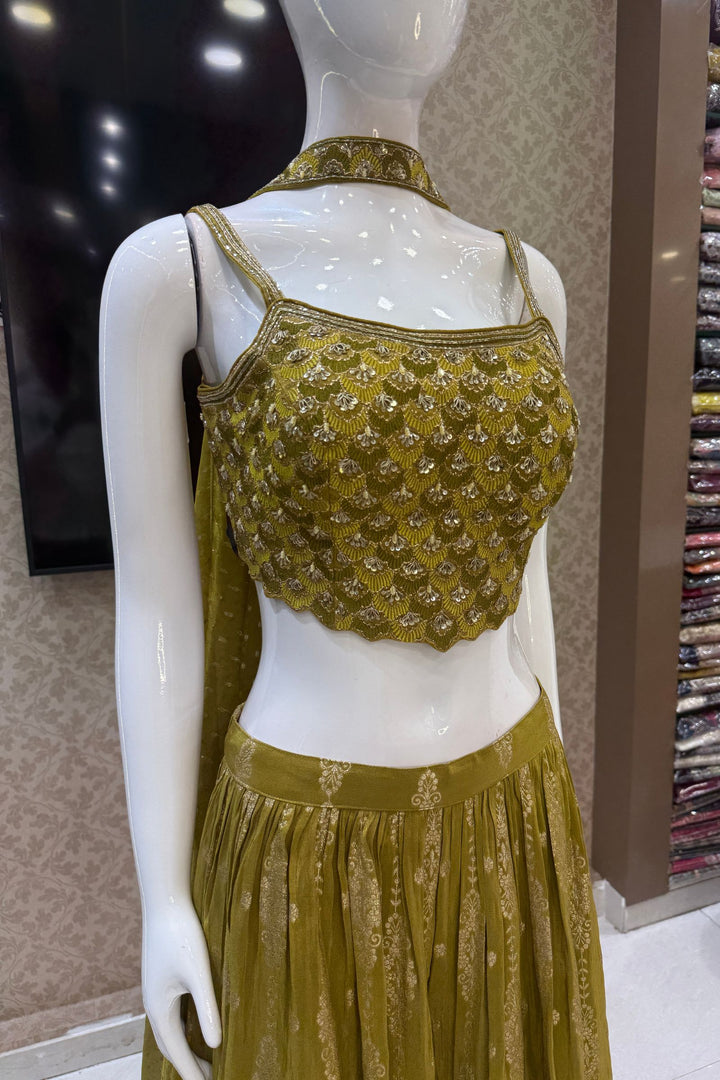 Olive Green Zardozi, Sequins, Banaras and Embroidery work Crop Top with Palazzo Pant