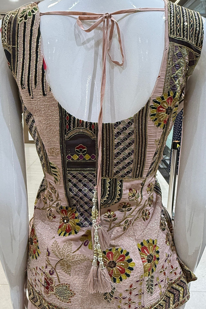 Peach Beads, Mirror, Zari and Thread work with Digital Print Palazzo Salwar Suit