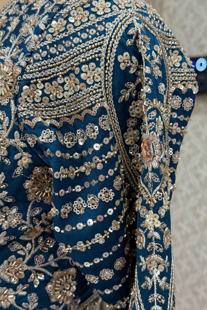 Designer Wedding Lehenga in Peacock Blue with Beads, Zari and Sequins Work