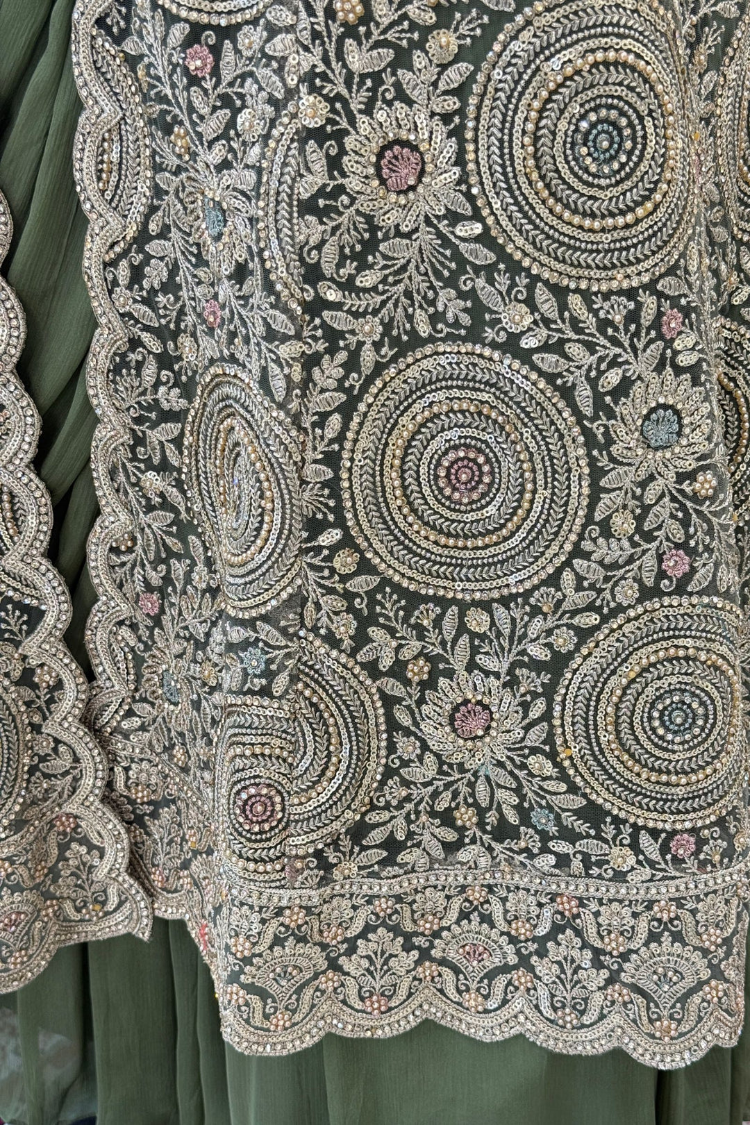 Olive Green Drape Style Lehenga with Sequins, Stone and Zari work Long Overcoat